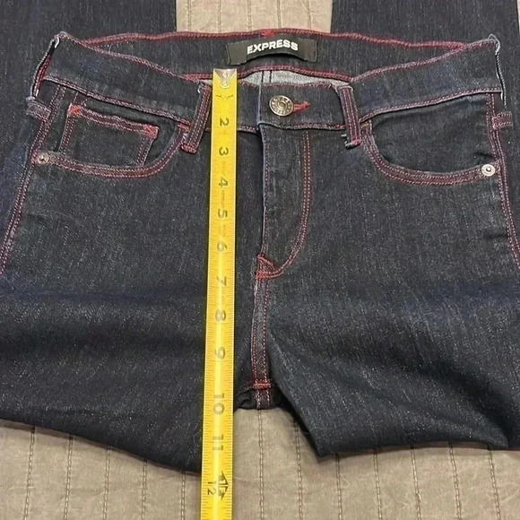 Express Dark Rinse Mid Rise Skinny Denim Jeans with Red Stitching Size 2P - Picture 7 of 11
